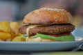 Vegetarian food. Homemade vegan meat. Whole hamburger with green salad and tomato on the plate served with fried pieces Royalty Free Stock Photo