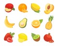 Vegetarian food icons in cartoon style. Color fresh tropical organic fruits. Health fruity harvest illustration.