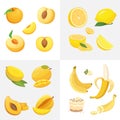 Vegetarian food icons in cartoon style.Yellow color fresh organic fruits. Health fruity harvest illustration.