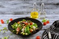 Vegetarian food ingredients for salad with mozzarella, arugula and cherry tomatoes