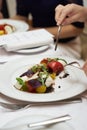 Vegetarian food with marinated tomatoes, arugula, mozzarella che Royalty Free Stock Photo