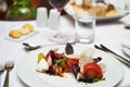 Vegetarian food with marinated tomatoes, arugula, mozzarella che Royalty Free Stock Photo