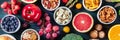 Vegetarian food panorama with fruit and vegetable, cheese, nuts, legumes and other products, overhead flat lay shot