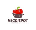 Vegetarian food, pot and bell pepper, logo design. Veggie, vegan, meal and restaurant, vector design