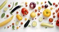 Vegetarian food products variety, overhead shot with copy space. Fruit, vegetables, cheese, mushrooms, nuts, legumes, a flat lay.