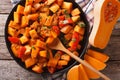 Vegetarian food: pumpkin curry close-up. Horizontal top view