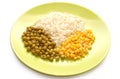 Vegetarian food: rice, green peas and corn