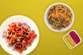 Vegetarian food. tomatoes, onions, dill on a white plate on a colored background. healthy food Royalty Free Stock Photo