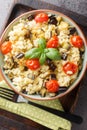 Vegetarian food for the whole family stewed millet porridge with vegetables and fresh herbs close-up in a bowl. Vertical top view Royalty Free Stock Photo