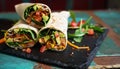 Vegetarian food wraps on black board tasty and healthy meal presentation top view, mexican food background image