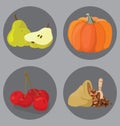 Vegetarian foods: Cereal, pumpkin, pear, cherry