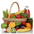 Vegetarian fruits, vegetables and drinks in a shopping basket Royalty Free Stock Photo