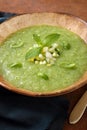 Vegetarian green cream soup in ceramic bowl Royalty Free Stock Photo