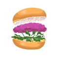 Vegetarian hamburger with soy. American vegan burger fly. Veggie fast food float. Delicious healthy nutrition. Tempting