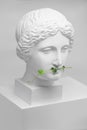 Vegetarian and healthy food concept with vitamins. statue from plaster with micro greens of baby sprout of peas on white