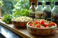 Vegetarian healthy tomato salad on wooden plate, vegetarian concept