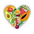 Vegetarian Heart Shaped Arrangement with Herbs, Vegetables and Fruits Vector Illustration.