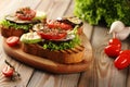 Vegetarian hot sandwich made from grilled bread, grilled eggplant, zucchini and tomatoes, with green lettuce and seasoned with oli Royalty Free Stock Photo