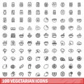 100 vegetarian icons set, outline style