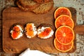 Vegetarian Italian breakfast with blood orange and ricotta sandwich Royalty Free Stock Photo