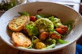 Vegetarian italian food, fresh vegetables salad with white soft burrata cheese and green pesto Royalty Free Stock Photo