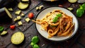 Vegetarian Italian Pasta Spaghetti alla Norma with eggplant, tomatoes, basil and parmesan cheese.