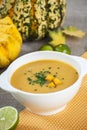 Vegetarian Jamaican pumpkin soup with lime and ginger.