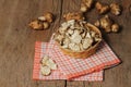 Vegetarian Jerusalem artichoke chips in a wicker basket. Fashionable healthy food