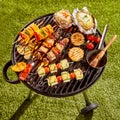 Vegetarian Kebabs and Vegetables Cooking on Grill