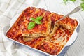 Vegetarian lasagna of tofu and mushrooms, close-up Royalty Free Stock Photo