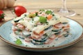 Vegetarian lasagna with zucchini and carrots slice and besciamella cheese Royalty Free Stock Photo