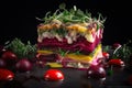 Vegetarian layered lasagna with beetroot, cheese and vegetables, Generative AI Royalty Free Stock Photo