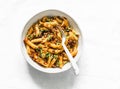 Vegetarian lentil Bolognese sauce with penne pasta on a light background, top view. Healthy eating diet concept food Royalty Free Stock Photo