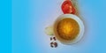 Vegetarian lentils, tomatos and pumpkin cream soup in white deep bowl with seeds on light blue background, top view