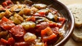 Vegetarian letcho in clay dish.