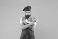Vegetarian lifestyle. raw healthy food concept. organic eco vegan products. bearded man chef in apron and hat. healthy Royalty Free Stock Photo