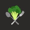 Vegetarian logo. Broccoli with a fork and spoon. Vector emblem