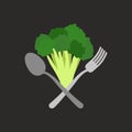 Vegetarian logo. Broccoli with a fork and spoon. Vector emblem Royalty Free Stock Photo