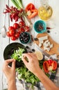 Vegetarian low calorie Greek salad preparation top view