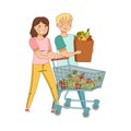 Vegetarian Male and Female Purchasing at Greengrocery Pushing Shopping Cart with Fresh Vegetables Vector Illustration