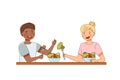 Vegetarian Male and Female at Table Eating Fresh Vegetable Salad Vector Illustration