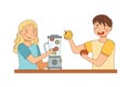 Vegetarian Male and Female at Table Putting Raw Vegetables in Blender Vector Illustration