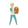 Vegetarian Male Purchasing at Greengrocery Carrying Shopping Bag with Fresh Vegetables Vector Illustration