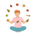 Vegetarian Male Sitting Cross Legged with Fresh Vegetables Around Him Vector Illustration