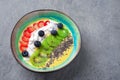 Vegetarian mango smoothie bowl, kiwi, chia, coconut, blueberry, strawberry