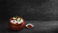 Vegetarian meal creamy tasty curd rice with spices topping served in clay pot and lemon pickle on black textured background thayir Royalty Free Stock Photo