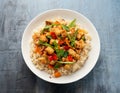 Vegetarian meat free mycoprotein pieces vegetable stir fry, brown rice served in white plate Royalty Free Stock Photo