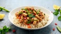 Vegetarian meat free mycoprotein pieces vegetable stir fry, brown rice served in white plate Royalty Free Stock Photo