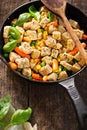 Vegetarian meat free pieces & x28;mycoprotein& x29; with vegetables on iron cast Royalty Free Stock Photo