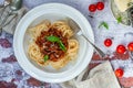 Vegetarian meat free spaghetti bolognese